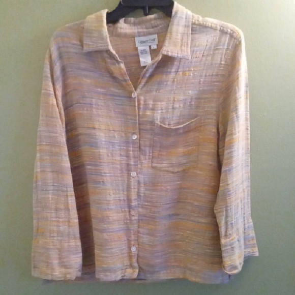 Womans L Coldwater Creek Cream and Orange Relaxed Button Down Shirt - Picture 1 of 4